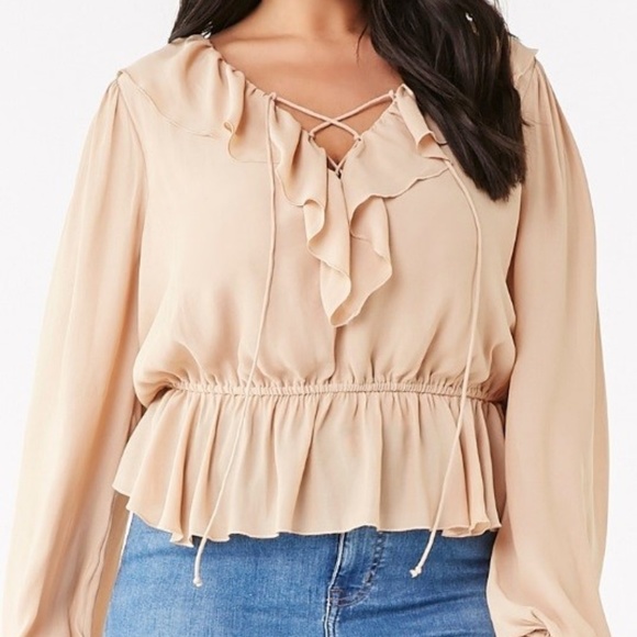Forever 21 Tops - Lace-Up Top Taupe Plus Size 1X